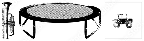 Stylized trumpet,, and tractor in halftone dot, vector art, isolated, retro graphic design, playful composition.