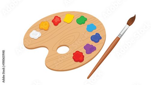 Wooden artist's palette with various colorful paints and a paint brush, symbolizing art, creativity, and artistic expression.