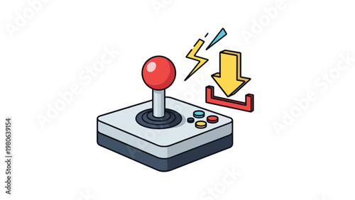 Retro arcade joystick accompanied by a lightning bolt and download icon, representing fast gaming, digital downloads, and exciting entertainment.
