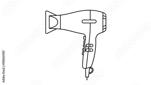 Clean line art illustration of a modern hair dryer, symbolizing beauty, hair care, personal grooming, and styling tools.