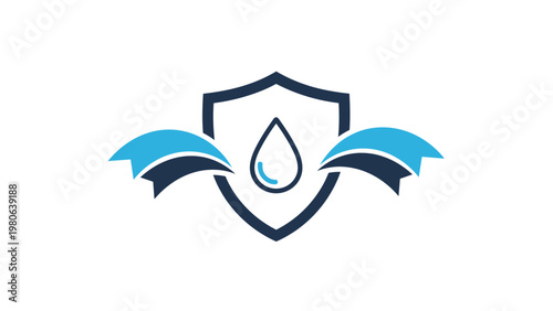 Graphic emblem featuring a protective shield with a water drop at its center and two stylized wings, symbolizing water protection, insurance, and purity.