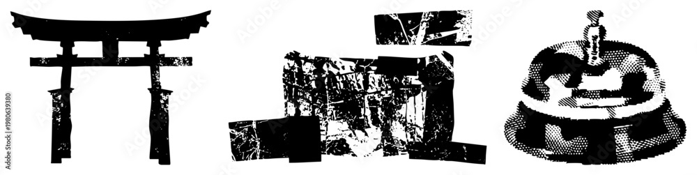 Obraz premium Japanese shrine gate, sacred entrance, temple wall with moss, ceremonial bell, vector, cultural symbols, black and white, halftone texture.