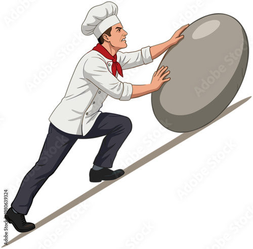 A chef struggles to push a large pizza up an incline.