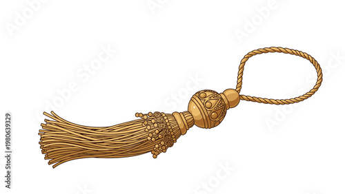 Ornate decorative golden tassel with intricate details and a looped cord, symbolizing luxury, elegance, and traditional decor.