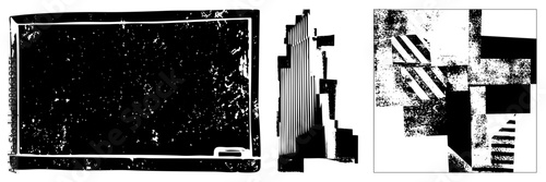 Stylized black and white graphic with fragmented rectangular forms, gritty halftone, and sharp angular compositions. Abstract art piece with high contrast textures.