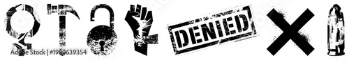 Collection of gritty, distressed symbols gender sign, hammer, padlock, raised fist, “DENIED” stamp, X mark, bullet. Ideal for protest, security, or restricted access visuals.