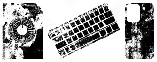 Distressed black and white vector roulette wheel, keyboard, phone case. High contrast, gritty texture. Ideal for gaming, tech, or vintage UI design.