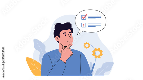 Thoughtful man with a hand on his chin, contemplating a checklist with checkmarks in a speech bubble, symbolizing decision-making and problem-solving.