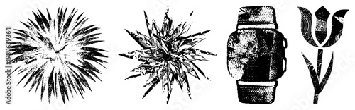 Black and white vector illustrations featuring spiky radial forms, textured starburst, golf bag silhouette, and stylized tulip with wood grain fill, rendered in halftone dot.