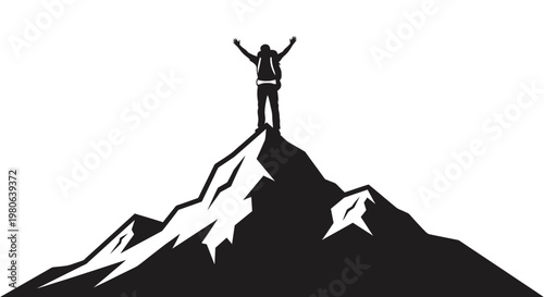 Man standing on mountain peak triumphantly.