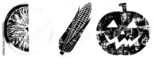 Grungy black and white vector of jack o lantern, corn, and citrus slice, Halloween symbols, spooky festive design, isolated cutout elements.