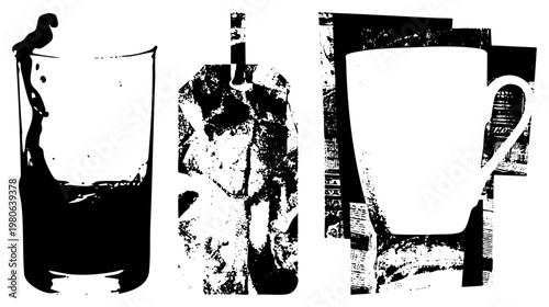 Graphic illustration of drink vessels tumbler, bottle, mug in high contrast halftone, stylized silhouettes, vector art, isolated objects, black and white design.