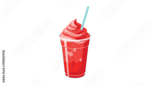 Refreshing strawberry smoothie with whipped cream and a straw in a clear plastic cup, symbolizing healthy drinks and summer treats.