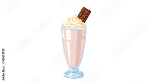 Tall glass of chocolate milkshake topped with whipped cream and a chocolate bar, symbolizing sweet indulgence and refreshing dessert.