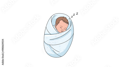 Adorable baby swaddled in a soft blanket and peacefully sleeping, with Z's indicating slumber, representing infant rest and tranquility.