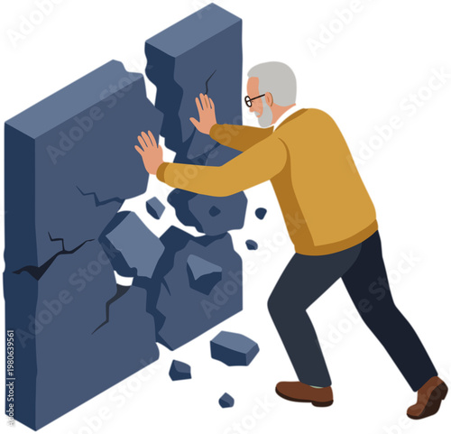 Man pushing large broken wall section with hands in city