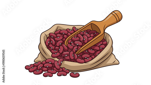 Burlap bag overflowing with red kidney beans and a wooden scoop, symbolizing healthy legumes, natural food, and culinary ingredients.