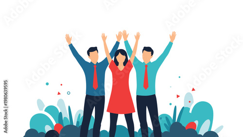 Team of three enthusiastic individuals, two men and one woman, raising hands in triumph, symbolizing success and strong teamwork.