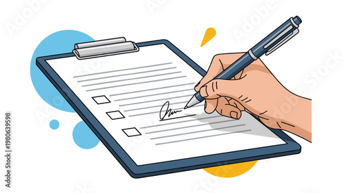 Hand holding a pen, diligently writing or signing on a clipboard with a checklist, representing task completion or assessment.