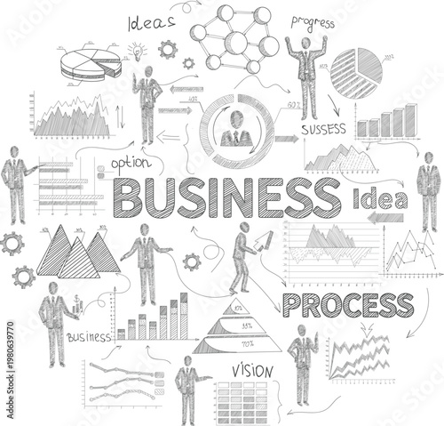 Business process concept with sketch personnel and finance report charts