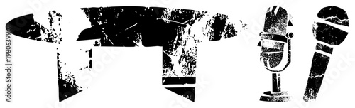 Retro studio mics with weathered grain, analog equipment, broadcast gear, sound recording tools, black and white vector art.