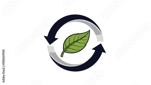 Green leaf encircled by two dynamic arrows, symbolizing eco-friendly recycling, environmental sustainability, and responsible consumption.