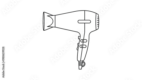 Clean line art illustration of a modern hair dryer, an essential personal care appliance for efficient hair styling and drying.
