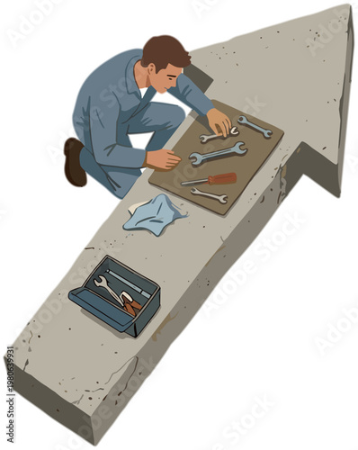 Man working on tools on a large arrow shaped concrete block in a workshop