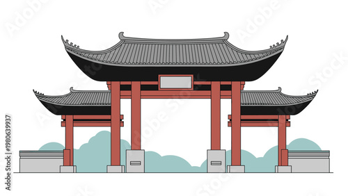 Grand traditional Chinese archway with multi-tiered roofs and vibrant red pillars, symbolizing cultural heritage and a welcoming entrance.