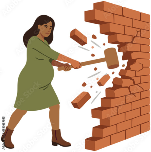 A woman breaks through a brick wall with a sledgehammer confidently.