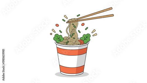 Delicious instant cup noodles with chopsticks, garnished with fresh vegetables and herbs, representing quick and satisfying meal solutions.