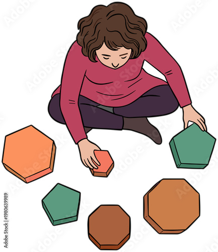 A woman plays with colorful geometric blocks on the floor indoors.