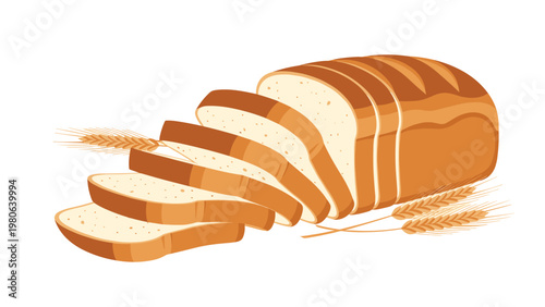 Freshly sliced loaf of white bread alongside golden wheat stalks, symbolizing essential food, baking, and healthy daily nutrition.