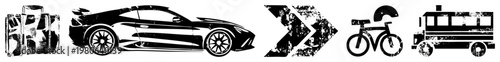 Travel suitcase, sleek sports car, directional arrow, bicycle, school bus all in distressed black vector art, urban transport with gritty texture, stylized travel and mobility symbols.