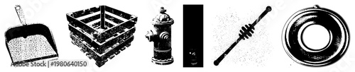 Set of vector shovel, pallet, fire hydrant, door handle, antenna, and plate. Isolated, stylized, halftone texture, flat design, technical illustration.