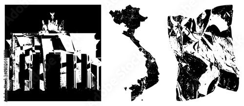 Fragmented architectural forms, distressed urban structures, abstract cityscape, grunge texture, stylized ruins, geometric decay, urban decay art.