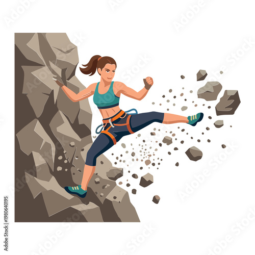 A woman wearing sportswear kicks rocks while climbing a mountain side.