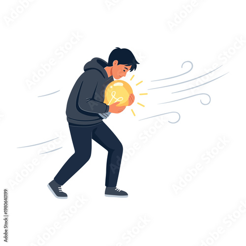 Man runs with glowing orb in stormy weather conditions outside