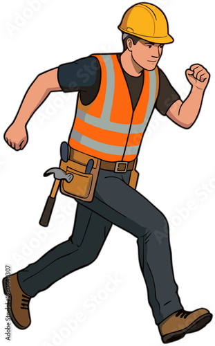 A construction worker wearing safety gear runs quickly on a site.