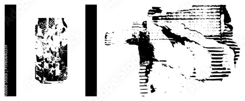 Grunge style halftone prints featuring bold black stripes and fragmented textures, graphic design elements, vector art with distressed and high contrast visuals.