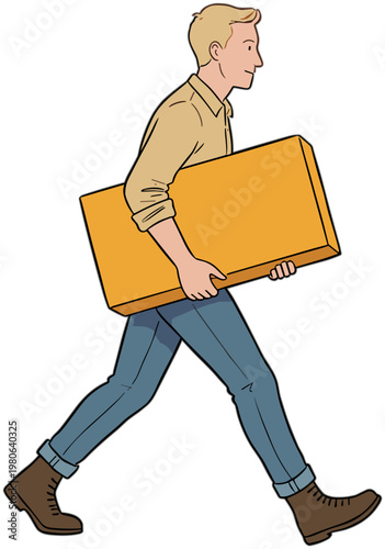 Man carrying large orange box while walking quickly across room