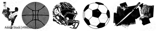 Stylized athletic including football helmet, soccer ball, basketball, martial figure, and katana sword rendered in halftone with isolated foreground elements.