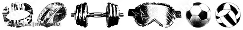 Vector graphic of fitness dumbbell, sports balls, and protective gear including soccer ball, volleyball, ski goggles, and wristband all isolated with halftone texture for design use.