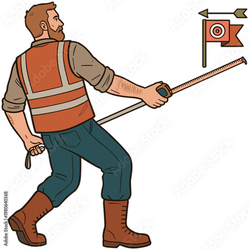 A man in a safety vest directs traffic with a paddle towards a target flag.