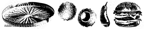 Vector style halftone sketches of water lily leaf, cabbage, avocado, chili pepper, and hamburger. Classic food rendered in high contrast, textured strokes.