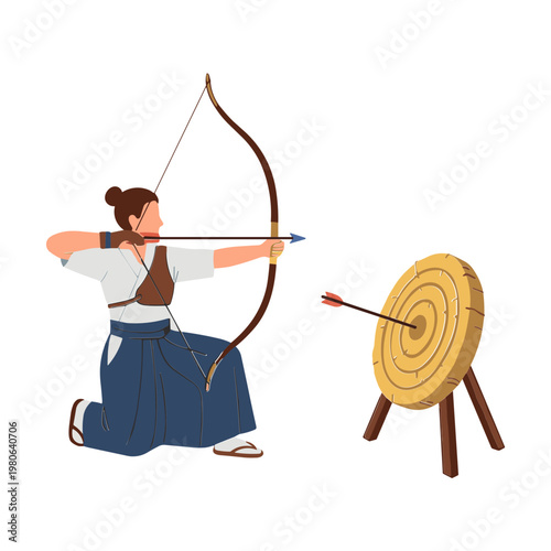 A woman practices archery aiming at target with bow and arrow outdoors