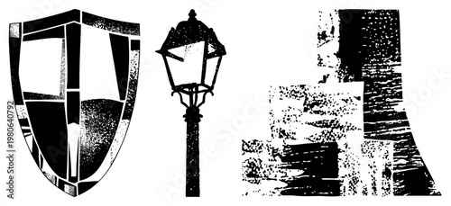 Retro halftone vector shield, ornate street lamp, textured stone wall fragment. Classic graphic design elements with gritty, vintage aesthetic.