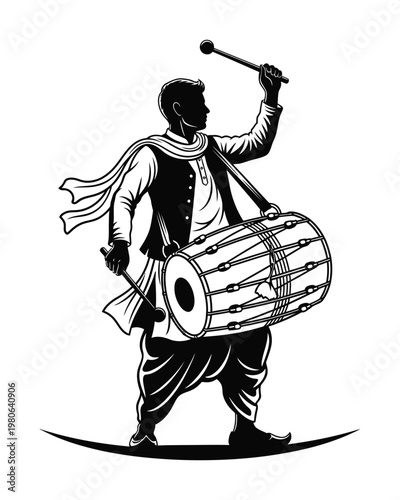 Vector of a man energetically playing a traditional drum while wearing cultural attire