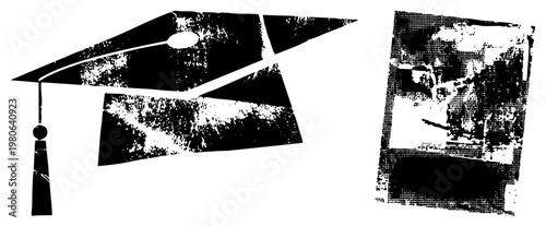 Academic mortarboard with tassel and diploma document, vintage print style, educational achievement symbol, black and white graphic, textured halftone effect.