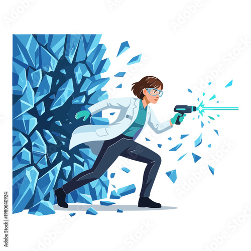 A determined woman in a lab coat uses a futuristic device to blast through a wall of blue crystals.